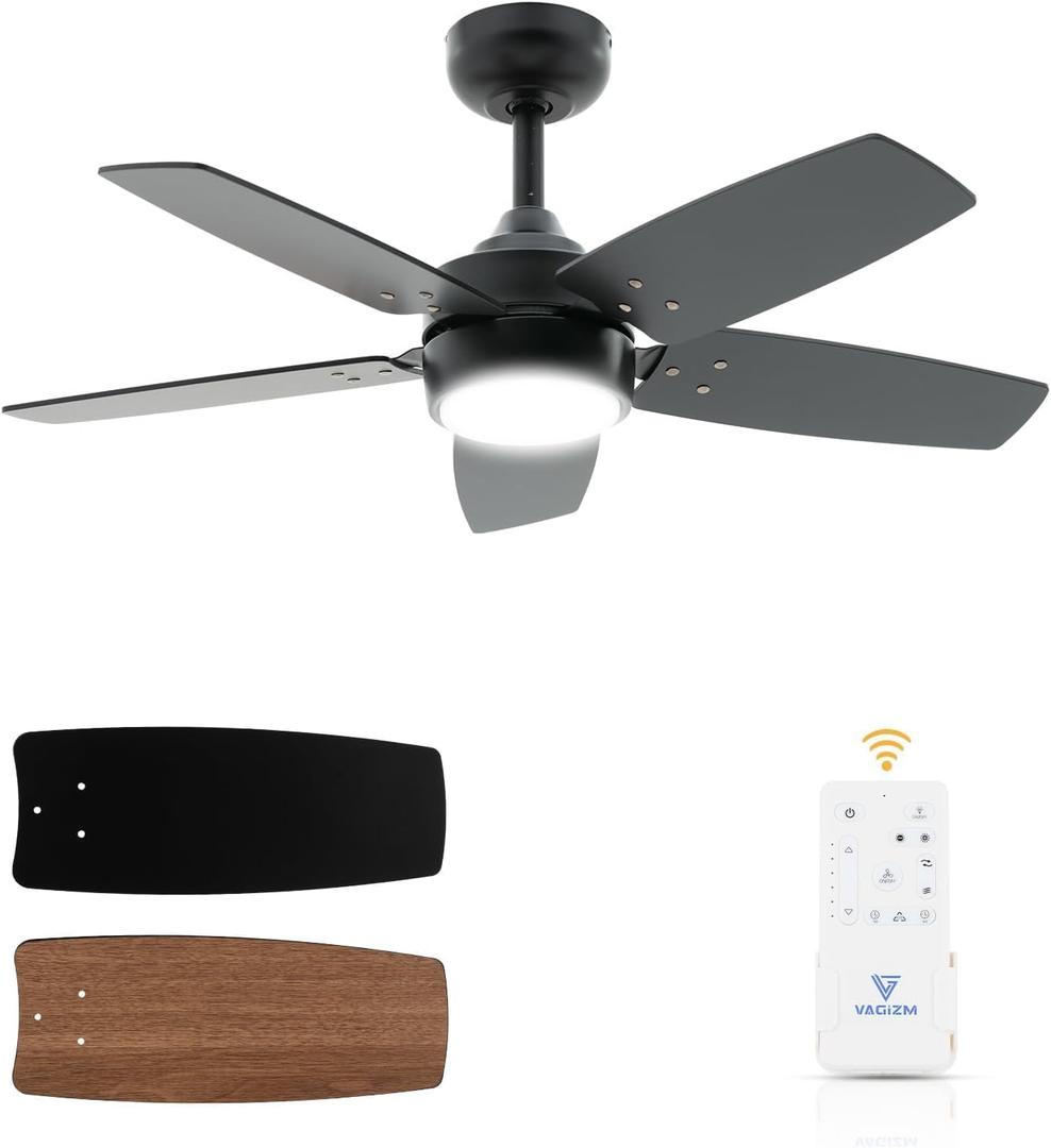 Ceiling Fan 36'' for Small Room: Matte Black Modern Fans with Light Remote Control - Reversible Quiet DC Motor Dimmable with 6 Speeds for Bedroom Office
