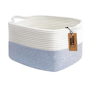 COMFY-HOMI Cotton Rope Woven Basket with Handles for shelfToy, Book, Cloth Storage Basket for Organizing-13.5"X11"X9.5" Storage Bin for Living Room, Newborn or Infant Gift for boy girl White/blue