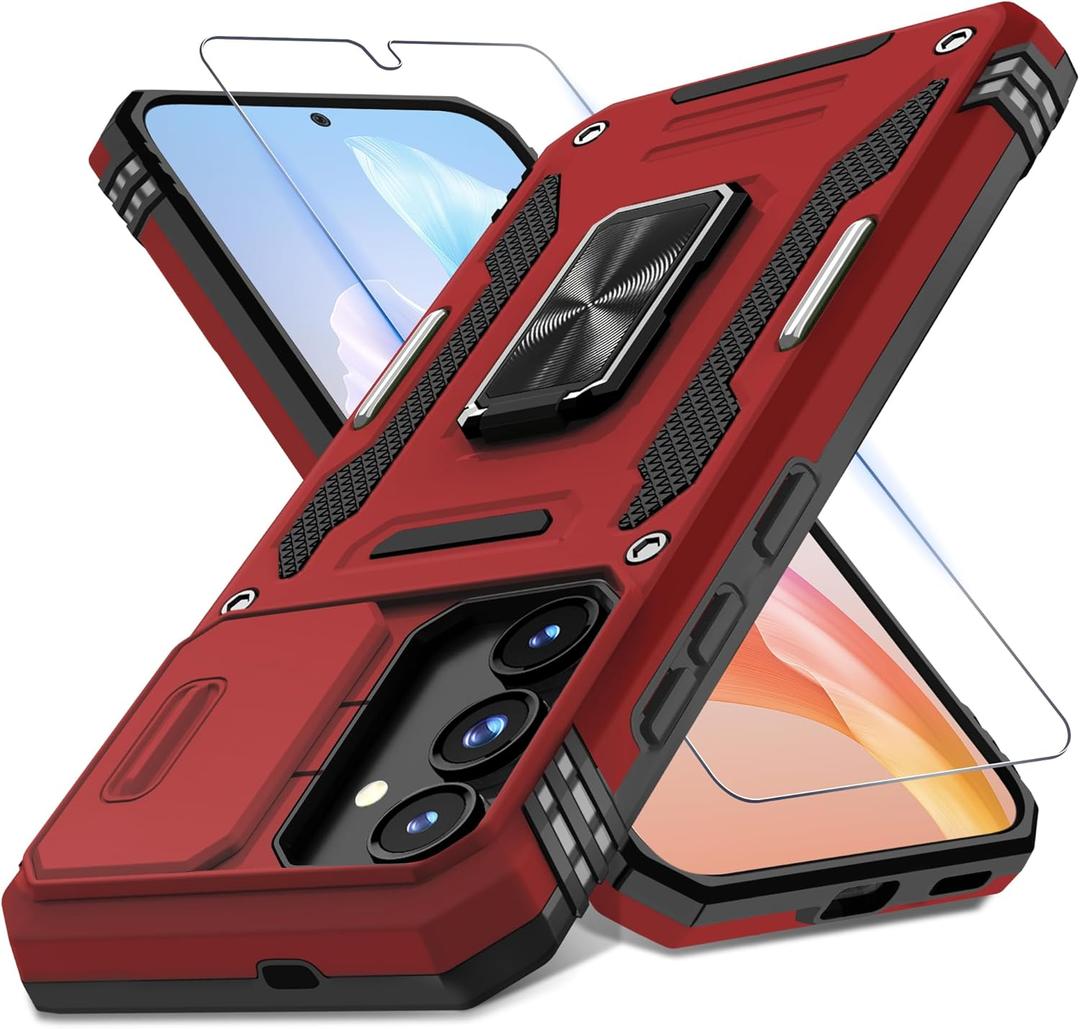 DEERLAMN Case for Samsung Galaxy S24 6.2-Inch with Slide Camera Cover+Screen Protector(1 Pack), Rotated Ring Kickstand Military Grade Shockproof Protective Cover-Red