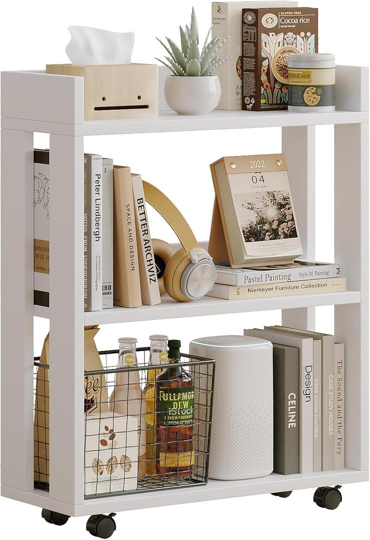 ALISENED 3-Tier Small Bookshelf with Wheels, Bedside Cart Library Cart, 29.76"H x 24.4"W x 9.33"D