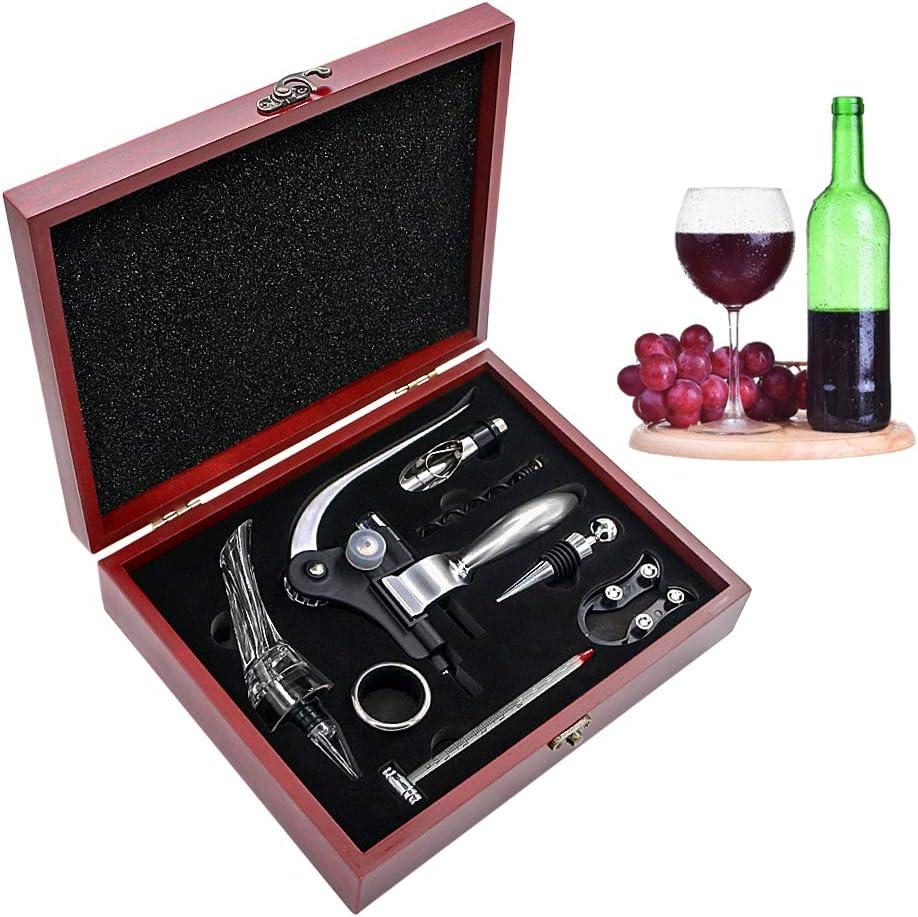 SumDirect Wine Opener Set - Lever-Arm Rabbit Corkscrew, Accessory Set With Bottle Opener, Foil Cutters, Aerator, Stopper, Thermometers, Drip Rings, Spare Spirals and Dark Cherry Wood Box