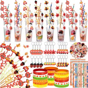 194 Pcs Thanksgiving Party Favor Friendsgiving Fall Autumn Stationery Pumpkin Maple Turkey Keychain Pencil Bracelet Sticker Goodie Bag Filler Exchange Students Classrooms Gift(Mixed Style)