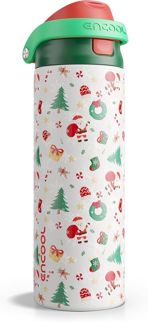 Christmas Insulated Water Bottle with Straw - Leak Proof Stainless Steel Water Bottle for School, Travel, Keeps Cold All Day, One-Touch Flip Lid, Holiday Gifts For Women Men, 24 oz, Santa Parade