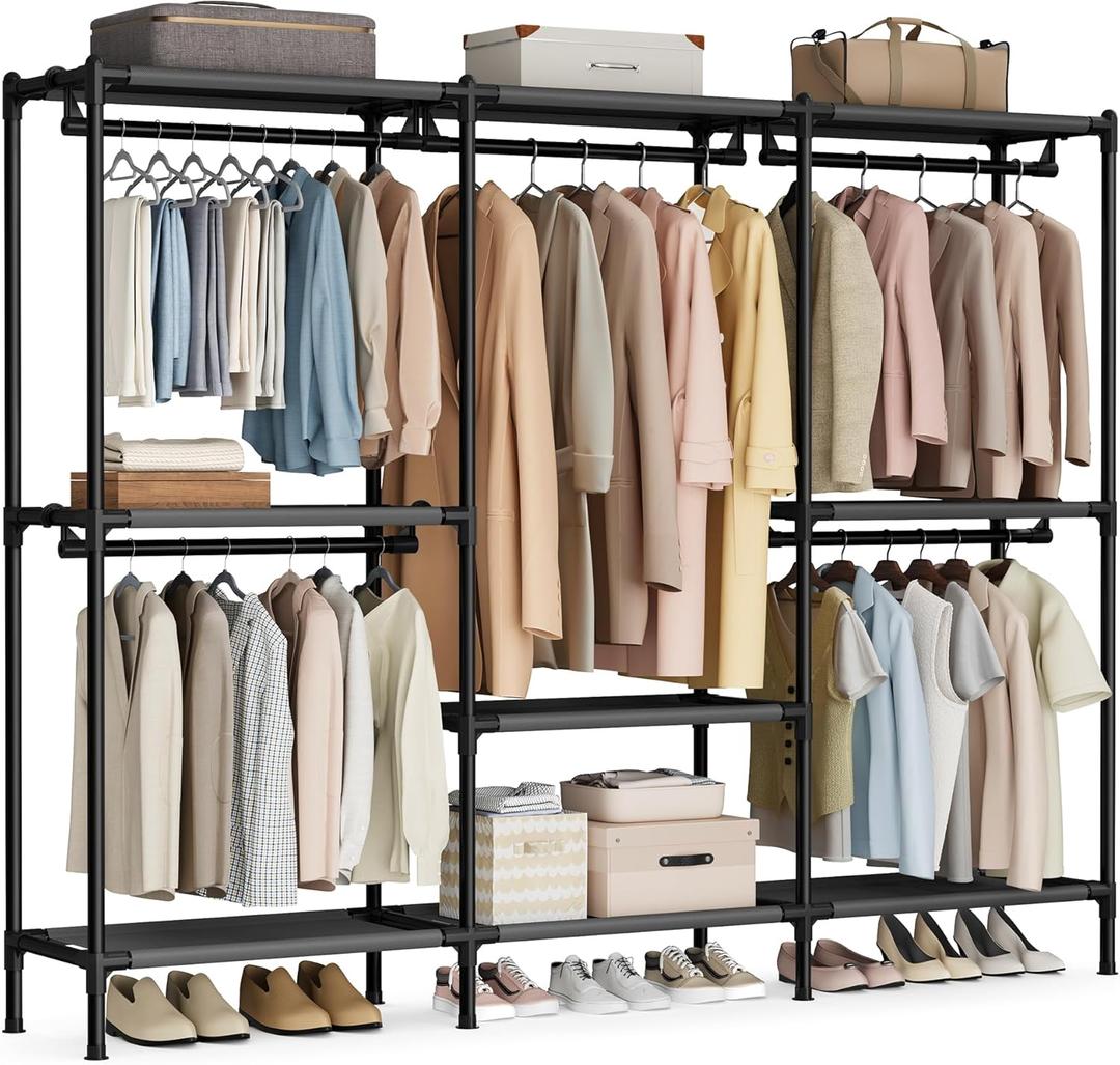 SONGMICS Clothes Rack, Portable Closet, Heavy-Duty Wardrobe Closet Organizer with Hanging Rails and Shelves, 79.9 Inches Tall, Total Load 297 lb, Easy Assembly, for Bedroom, Ink Black URDR212BZ01