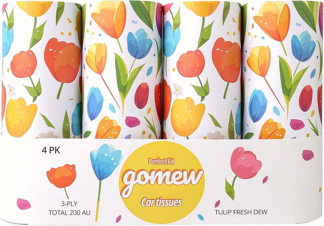 Car Tissue Holder (4 PK) - 50 3-Ply Tissues per Cylinder, Fits Car Cup Holders, Portable Travel Tubes Box Container, Tulip Design, Round Tissue Container for Car Accessories