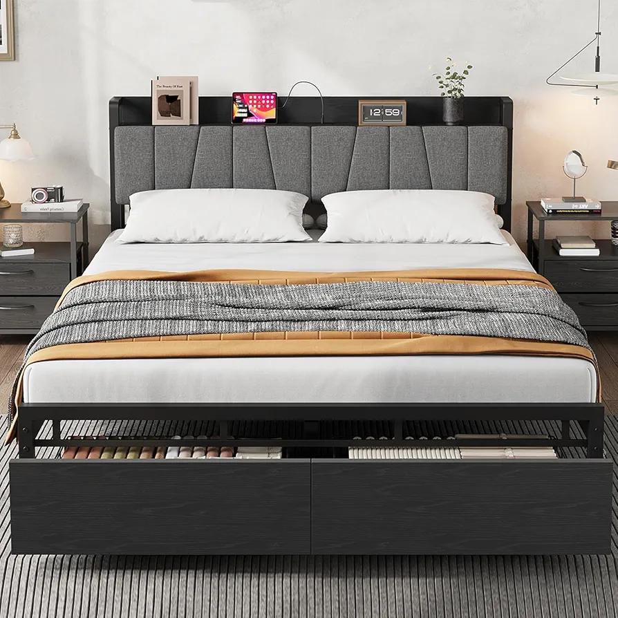 Bed Frame with Upholstered Headboard and Storage, Drawers Platform Bed with Charging Station, Metal Slats Support, No Box Spring Needed