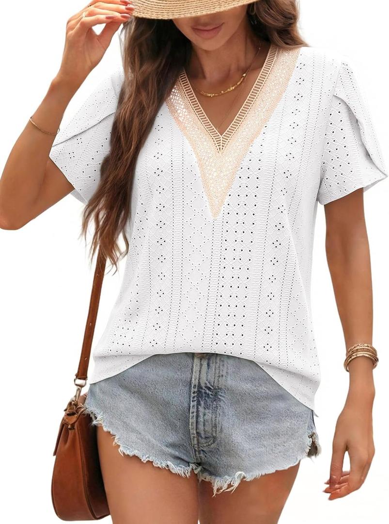 siliteelon Womens Blouses Boho Lace V Neck Short Sleeve Eyelet Shirts Summer Dressy Casual Beach Vacation Tops (L)