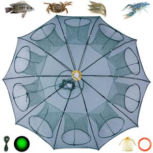2PCS-16 Holes The Magic Foldable Fishing Trap,Crawfish Trap,Fish Trap,Crab Trap, Foldable Fishing Nets for Fish/Crab/Shrimp/Crawdad,Upgrade Large Space Bait Bag/Rope/Luminous Beads/Pull Ring