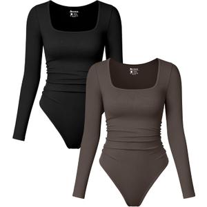 OQQ Womens 2 Piece Bodysuits Long Sleeve Square Neck Ruched Stretch Fitted Bodysuits (X-Large, Black,tea Leaf)