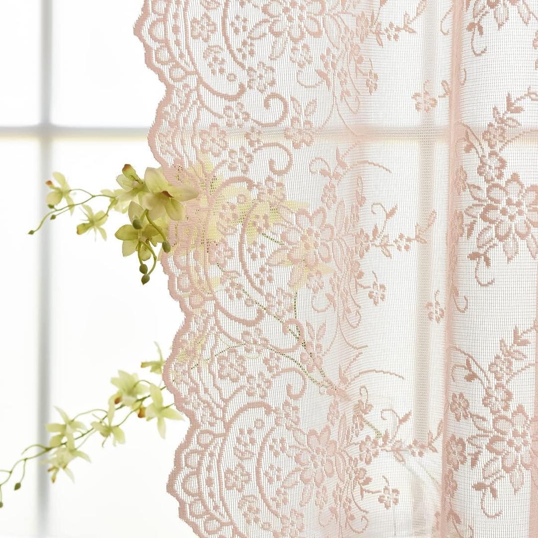 Kotile Blush Lace Curtains 72 Inch Length 2 Panels Set, Embroidery Rustic Vine Floral Lace Sheer Curtains for Girls Bedroom, Rod Pocket Privacy Window Lace Curtain Panels, 52 x 72 Inch, Blush Pink