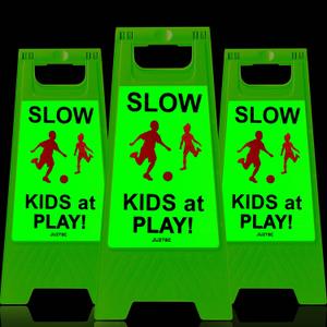 Children at Play Safety Signs for Street - Kids Playing Reflective Caution Sign for Neighborhoods (3 Pack) - Slow Down (Green)