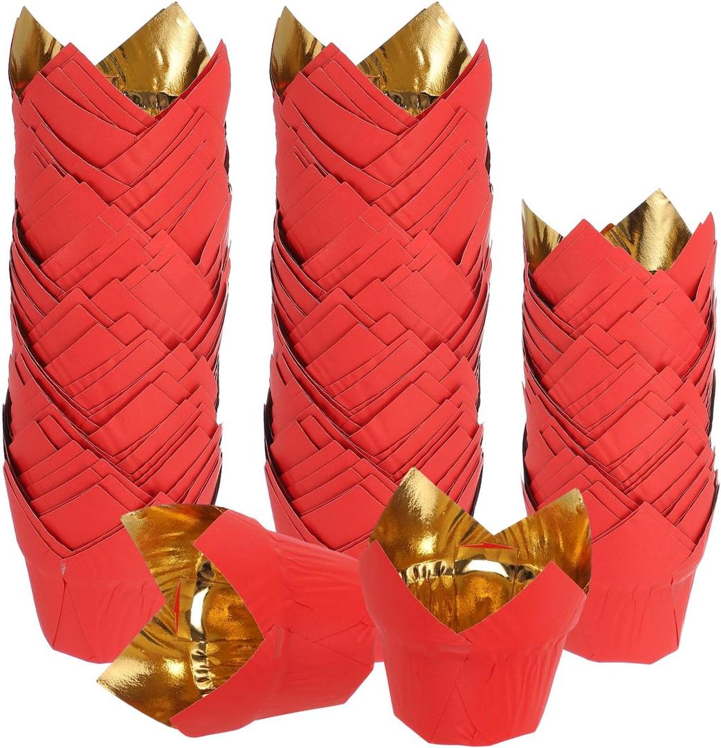 Uxcell 100 Pcs Tulip Baking Cups Cupcake Muffins Liners Aluminum Foil Paper Greaseproof Wrappers for Weddings Birthday Party Festivals Christmas, Gold/Red