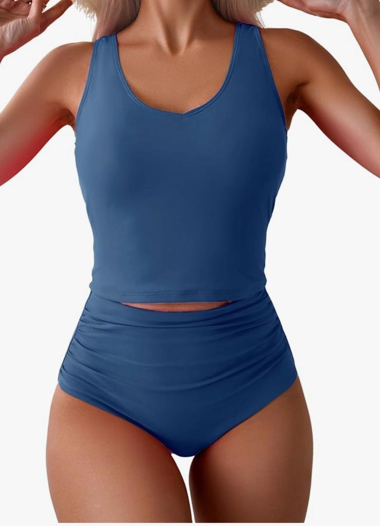 Eomenie Two Piece Tankini Swimsuits for Women Tummy Control Bathing Suits Cutout Back Swim Tank Top with High Waisted Bottom, M