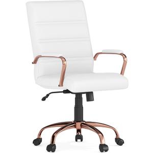 Flash Furniture Whitney Mid-Back Swivel LeatherSoft Desk Chair with Padded Seat and Armrests, Adjustable Height Padded LeatherSoft Office Chair, White/Rose Gold