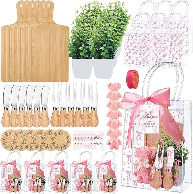 Honeydak  Baby Shower Prizes for Game Players 6 Sets Bamboo Cheese Board Fork Knives Coasters Towel  (Pink Bow)