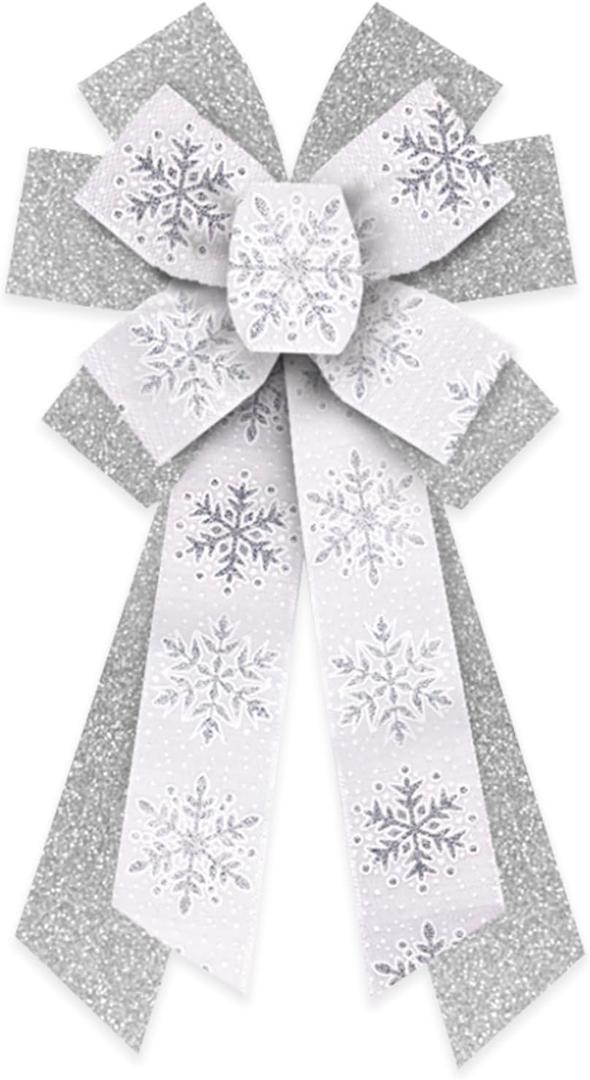 Large Christmas Wreath Bows, Christmas Glitter Silver Snowflakes Burlap Linen Bows for Wreath, Large Tree Topper Ribbon Bow for New Year Indoor Outdoor Xmas Party Decoration Wreath Ornament Supplies