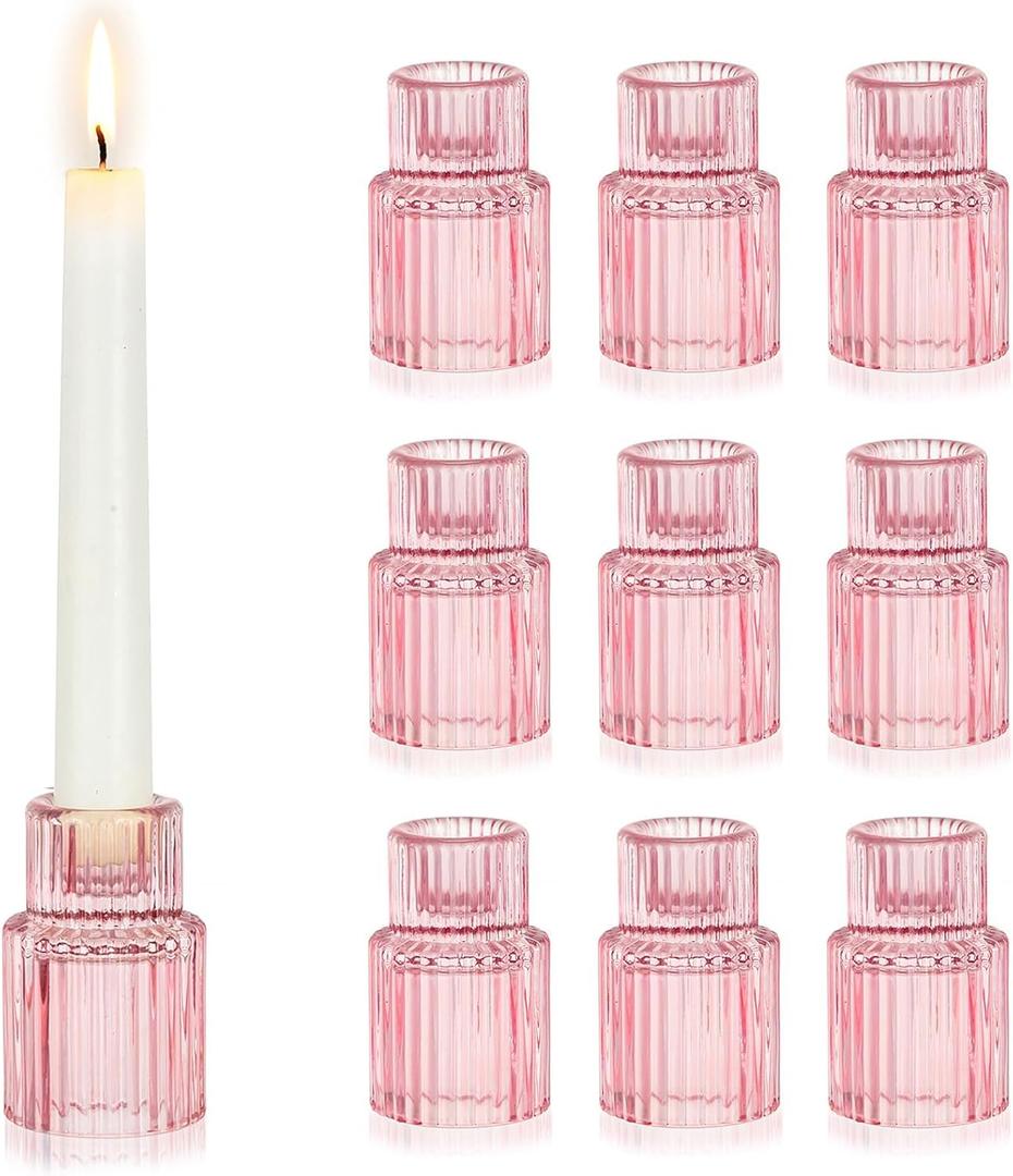 Hewory Glass Pink Candle Holder: 10PCS Valentines Taper Candle Holders for Table Centerpiece, Tapered Candlestick Holders for Valentines Day Decorations Gifts Anniversary Wedding Holiday Home Decor