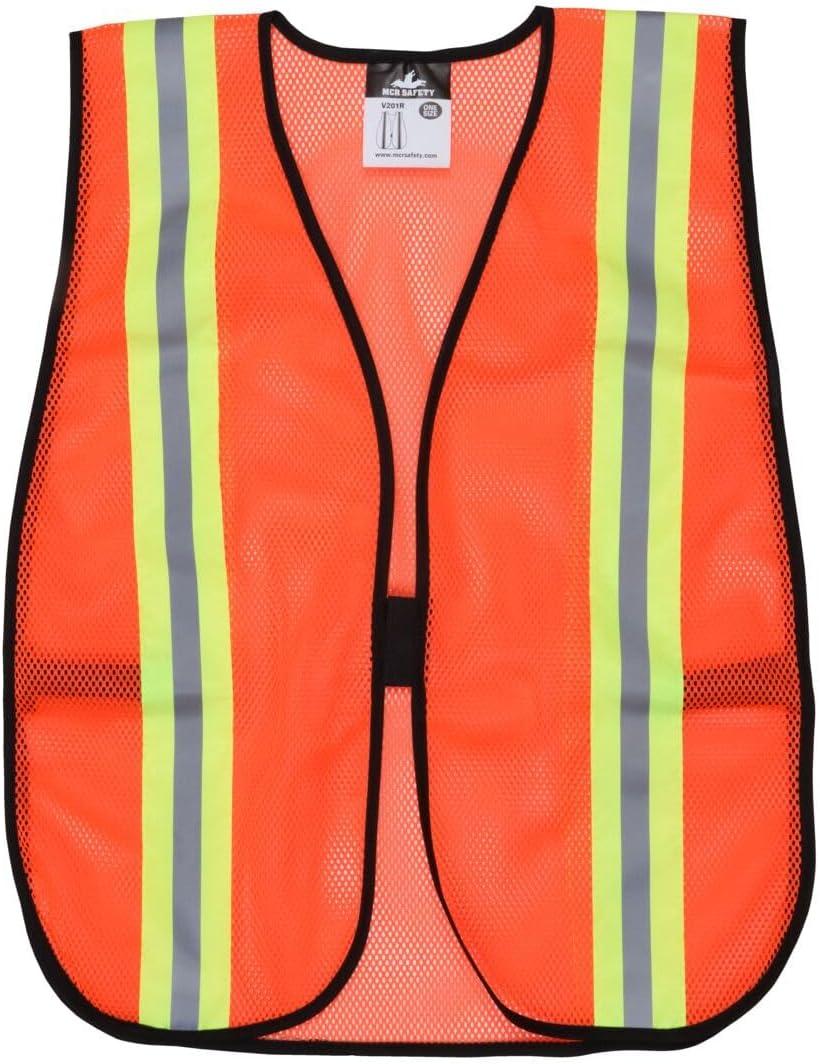 MCR Safety V201R General Purpose Light Weight Polyester Mesh Safety Vest with 2-Inch Lime/Silver Reflective Stripe, with Elastic Strap On Each Side, Orange, One Size