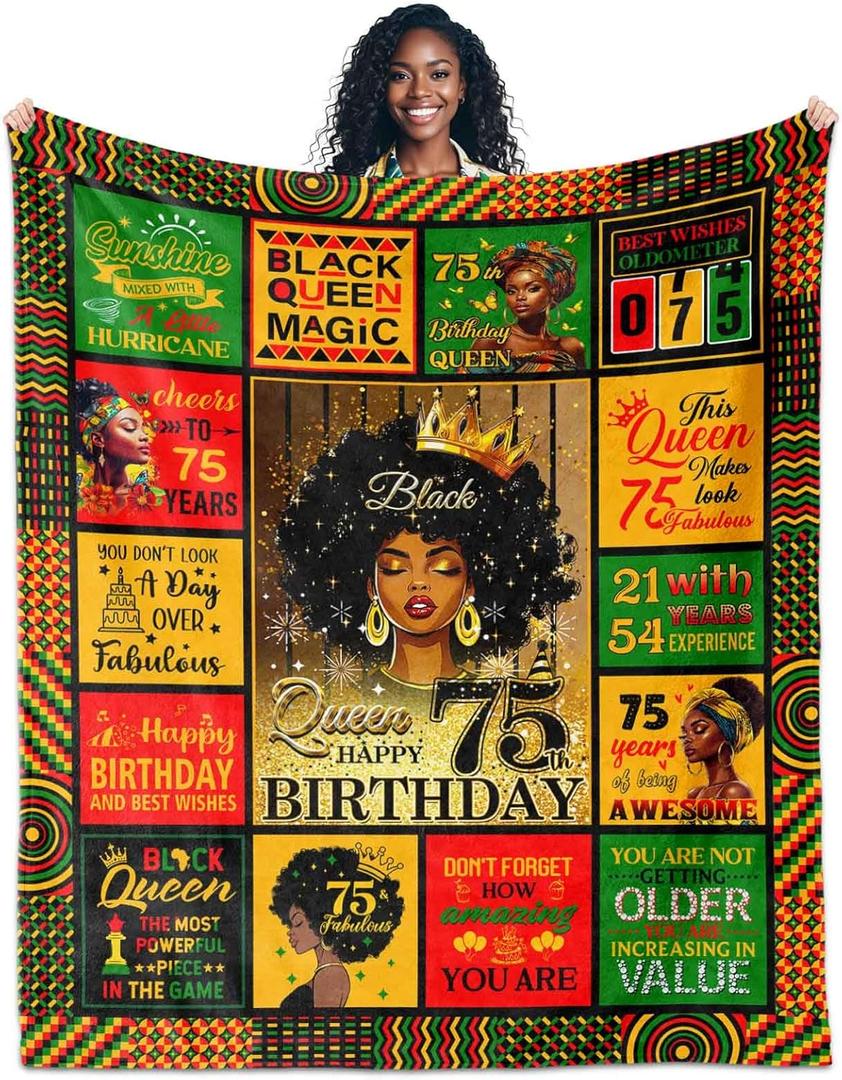 African American 75th Birthday Gifts for Women, 75 Year Old Birthday Gifts for Black Lady Women Positive Encouragement Inspirational Bday Blanket 60"X50", Afro 75th Blanket