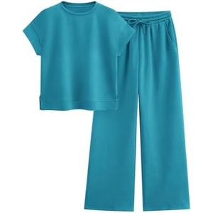 PRETTYGARDEN 2 Piece Outfits For Women Casual Tracksuit Short Sleeve Tops And Wide Leg Long Pants Matching Lounge Sets(Peacock Blue, Large)