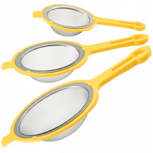 LemonRoad Set of 3 Stainless Steel Mesh Strainer 304 Fine Mesh Filters with Ergonomic Handles and Hanging Ears for Oil Filter Skimming Grease and Foam (Yellow)