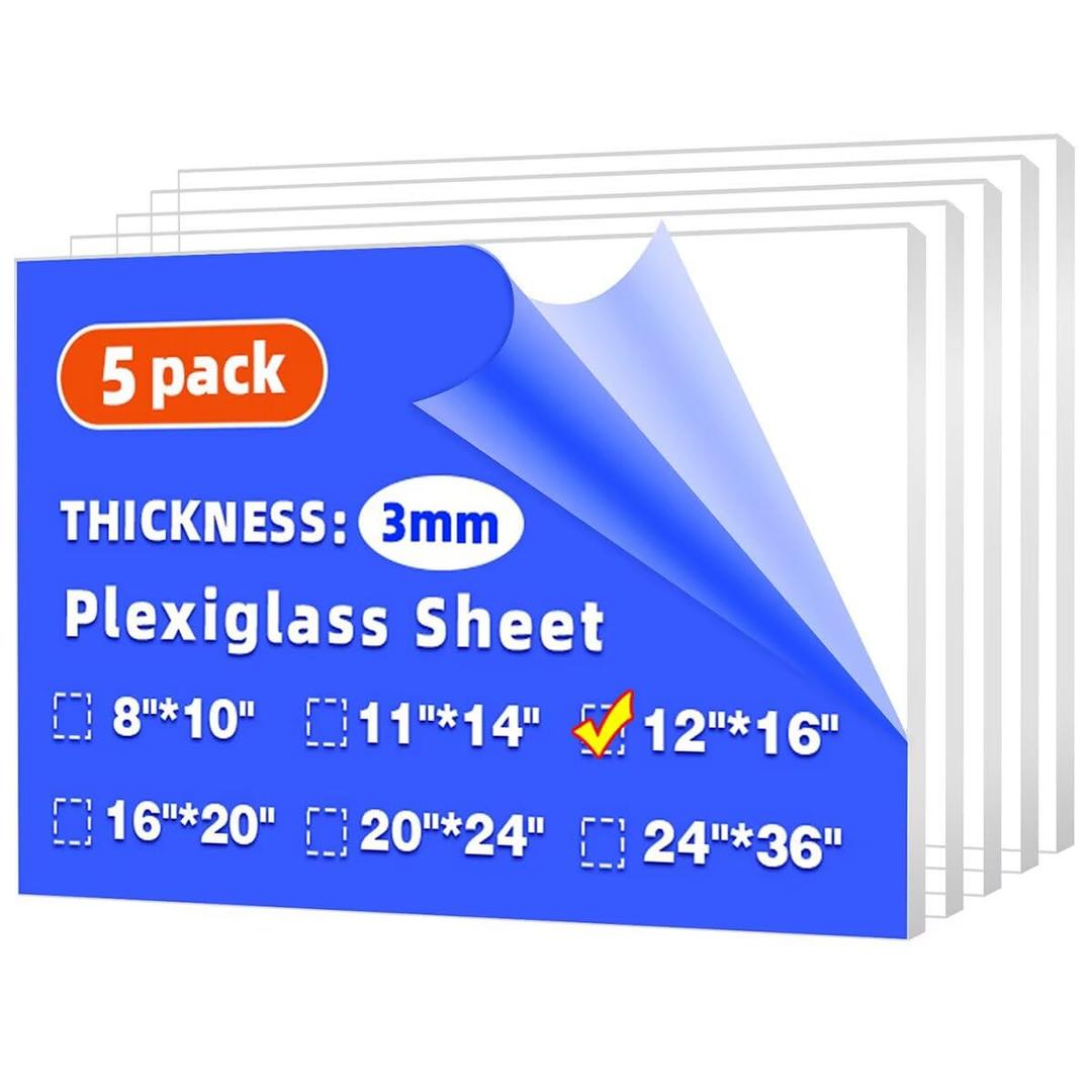 (5 Pack) 12" x 16" Plexiglass Sheets 1/8 inch Thick (3mm), Clear Acrylic Sheets Panel Cut to Size Plexiglass Acrylic Board, Cut with Engraver, Power Saw or Hand Tools, No Laser Cut.