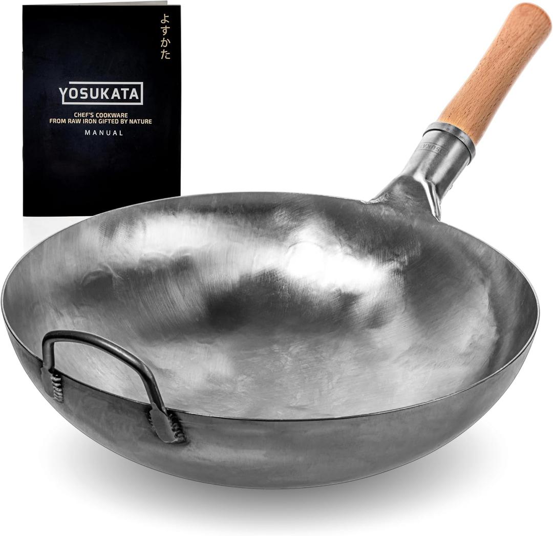 YOSUKATA 14 Round Bottom Carbon Steel Woks and Stir Fry Pans Unseasoned Pow Wok for Stir Fry, BBQ & Camping Hand-Hammered Traditional Japanese and Chinese Pan Gas Stove, Open Fire Only