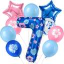 Minyu Tropical Floral Number large Balloon - 10-pack, includes hibiscus and palm leaves, pink and blue star foil, and sequined balloons, perfect for birthday party decorations. (Number 7), 30 inches x 40 inches x 10 inches