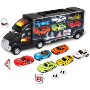 Playkidiz Car Carrier Toy Trucks for Kids - Car Transporter Toys Truck Includes 6 Toy Cars and Accessories - Toy Car Carrier with 12 Car Slots Boys Girls
