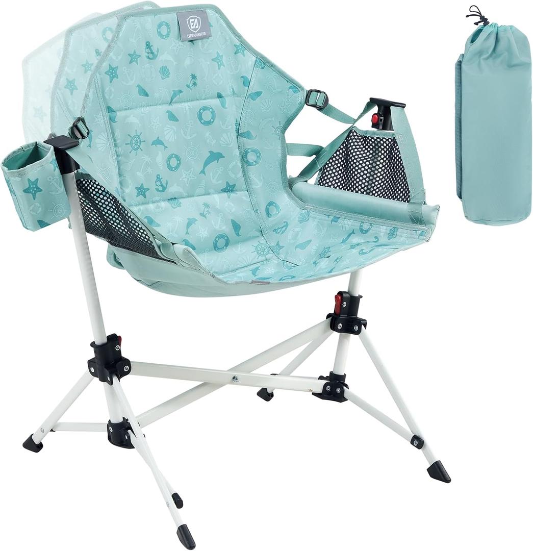 EVER ADVANCED Kids Hammock Chair Foldable, Kids Camping Chair with Stand Portable, Hammock Swing Chair with Cup Holder, Child Camping Gear Carry Bag for Traveling Outdoor Patio Supports 125LBS Green, 21.65 inches x 23.82 inches x 31.5 inches