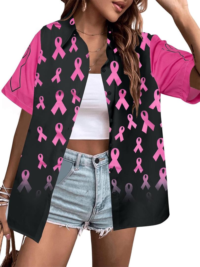 Breast Cancer Awareness Shirts Women: Pink Ribbon Graphic Top Breast Cancer Blouse Short Sleeve Button Down Tops (Small, Black)