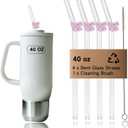 4-Pack 12.2 Reusable 40oz Tumblers Straws, Long Glass Straw with Charms, Pink Bow Replacement Tall Straws/12 in' Cleaning Brush, Coffee,Smoothies, Milkshake, Matcha Lattes, Aesthetic Gift
