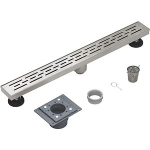 EMBATHER 28 Inch Linear Shower Drain with Shower Drain Base, CUPC Certified, 304 Stainless Steel Shower Floor Drain Included Removable Square Cover, Hair Strainer and Leveling Feet, Brushed Nickel