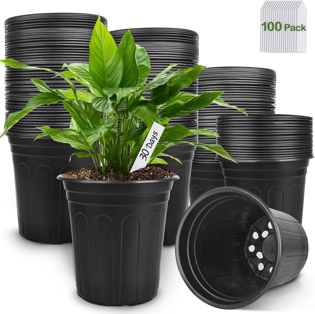 GroTheory 100 Pack 1 Gallon Nursery Pots, 6.7 Inch Plastic Pots for Plants, Plastic Flower Pots, Plant Pot, Seedling Pots for Potting, Seed, Succulent, Planting Pots with Plant Labels