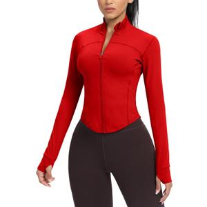 AVGO Women's Cropped Running Workout Jackets Zip Slim Fit Athletic Tops with Thumb Holes (X-Large, Red)