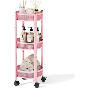 TOOLF 3-Tier Foldable Metal Storage Rolling Cart, Collapsible Utility Cart, No Assemble, Multifunction Organizer Trolley with Lockable Wheels for Kitchen, Living Room, Bathroom, Pink
