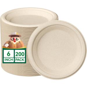 JOLLY CHEF 100% Compostable Small Paper Plates, 200 Pack 6 Inch Heavy Duty Dessert Plates, Disposable Biodegradable Eco-Friendly Sugarcane, Bulk Nature