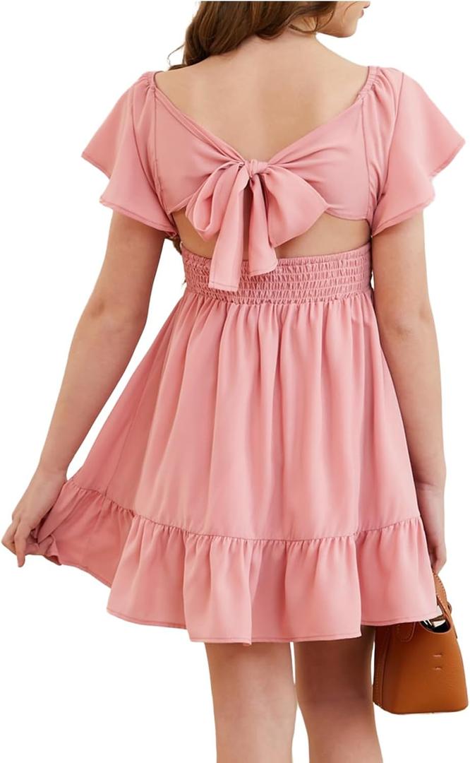 DOKOTOO KIDS Girls Elegant Ruffle Short Sleeve Back Tie Dresses 6-13 Years Old (Pink)