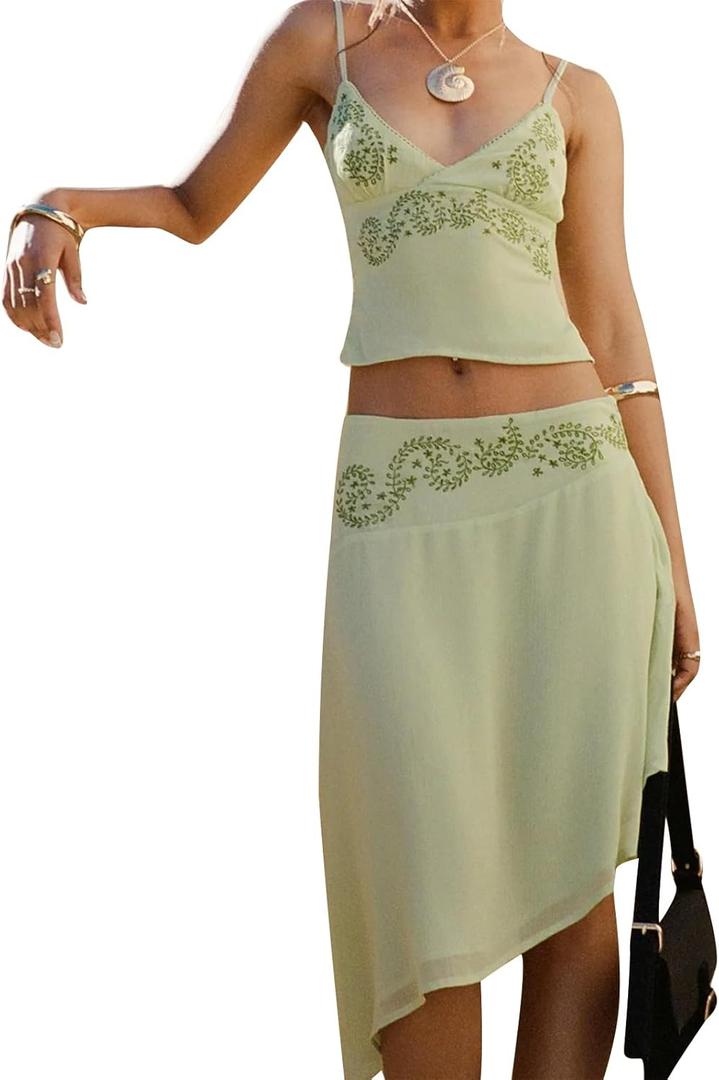 Aopwsrlyi Women Boho Set Sleeveless V Neck Open Back Cami Top and Asymmetrical Midi Skirt Sets Summer 2 piece outfits (Green, M)