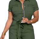 LaiyiVic Denim Romper for Women Jumpsuit Stretch Sexy Casual Short Sleeve Summer (Small, Army Green)