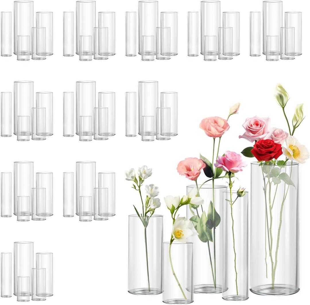 60pcs Cylinder Glass Vase for Centerpieces, 4,6,7.5,8,10 inch Tall Clear Flower Vase Bulk Floating Candle Holder for Wedding Table Home Dcor and Party