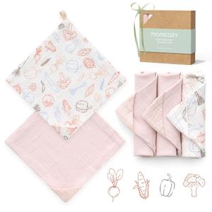 Momcozy Soft & Absorbent Baby Washcloths - 4 Layer Design| Medium Thickness| Premium Cotton for Newborns' Skin-Great for Bathing, Wiping & on-The-go Use, Shower Gift and Essential(5 Pack, 10x10 inch) (Veggie Joy)