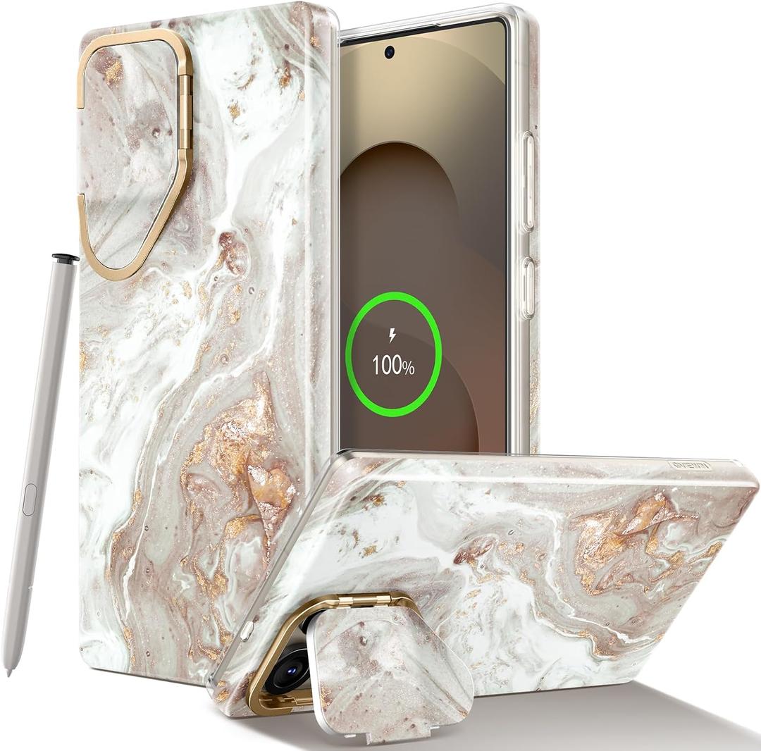 GVIEWIN Magnetic for Samsung Galaxy S25 Ultra Case with Camera Cover Kickstand, [Compatible with MagSafe] [Screen Protector] Mil-Grade Drop Protection Marble Phone Case 6.9" (Pearlescent/Gold)