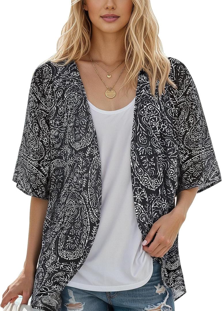 Women's Floral Print Puff Sleeve Kimono Cardigan Loose Cover Up Casual Blouse Tops (Black, M)