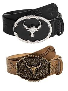SHENHE Women's 2 Piece PU Leather Cowboy Belts Western Bull Head Buckle Vintage Belt Black and Brown suit waist size:41.3-45.3"
