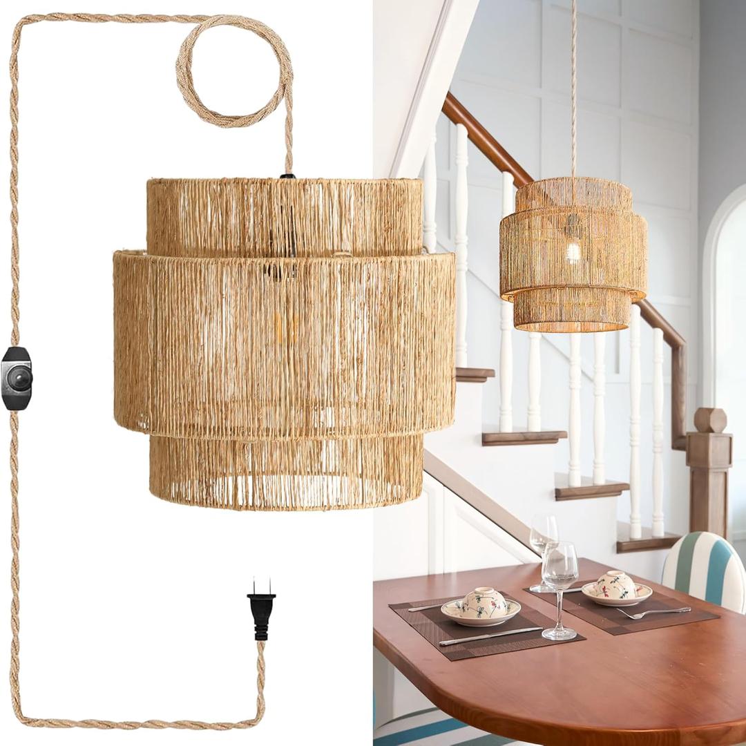 11.8" Boho Jute Plug in Pendant Light, Handwoven Natural Hanging Lamp Plug in with Dimmable Light Switch, Wicker Hanging Light Fixture for Bedroom Living Room Kitchen (No Bulb Included)
