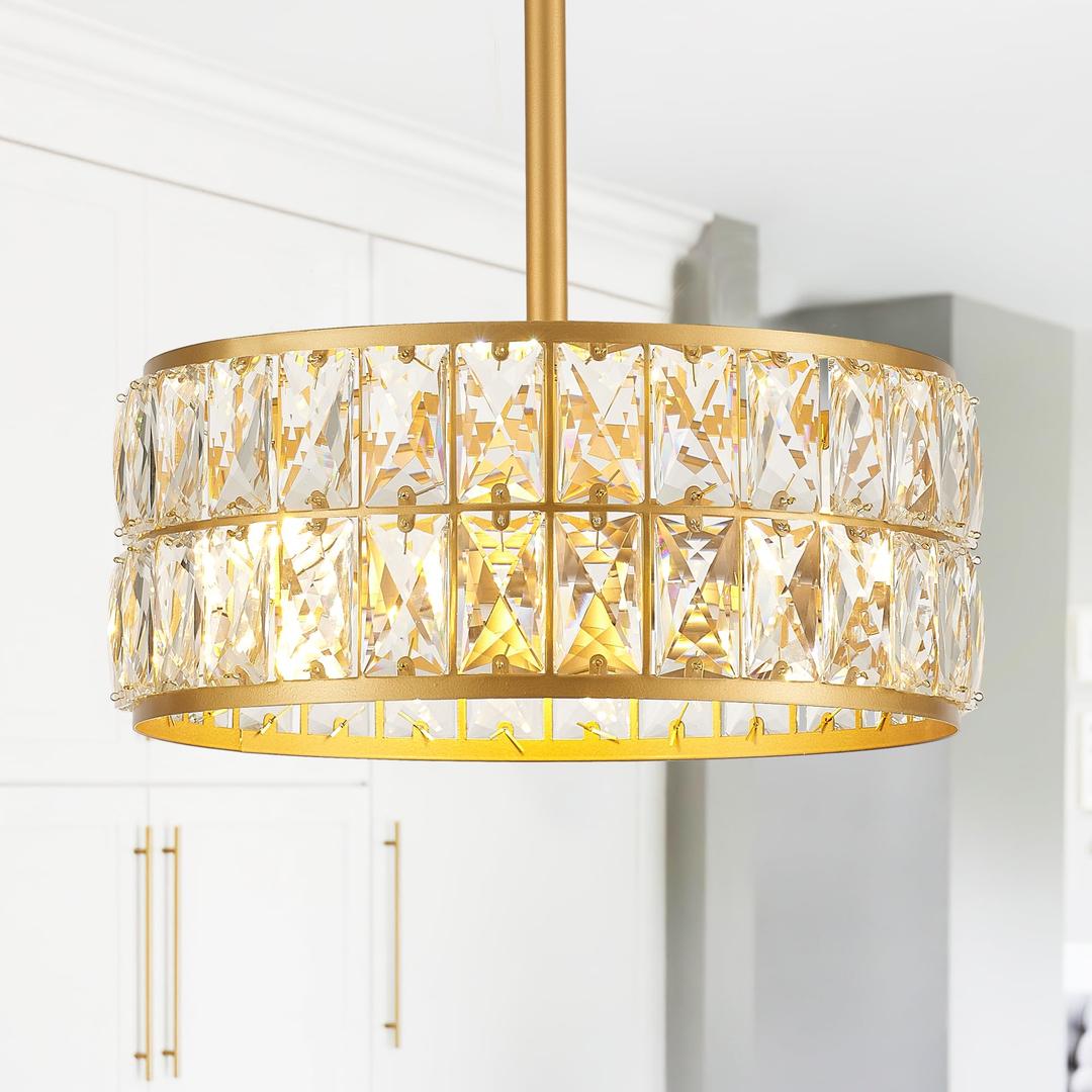 Salaiwei 12 3-Light Modern Crystal Chandeliers Gold Dinning Room Light Fixture, Round Pendant Light Kitchen Island Chandelier, Flush Mount Ceiling Light for Living Room Entryway Bedroom Foyer