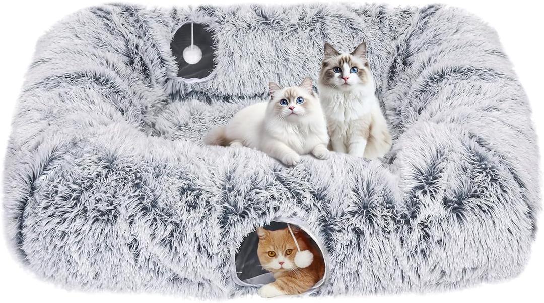 Extra Large Cat Tunnel Bed, 4 Ways Tunnels for Indoor Cats, Multi-cat Family Cat Bed & Cave, Plush Cat Donut with Washable Middle Mat, Exit Balls, Pet Play Toy for Kitten Puppy Rabbit (Grey)