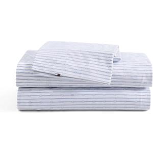 Tommy Hilfiger - King Size Sheets Set, Crisp & Tailored Cooling Sheets with a Smooth Cotton Percale Lightweight Feel - Bed Sheets with Matching Pillowcases & Fitted Sheet (Monogram Stripe Blue)