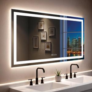 55"x 30" LED Bathroom Mirror with Lights, Double Lighting Sources Dimmable, Anti-Fog Vanity Mirror with Lights, Lighted Bathroom Vanity Mirror for Wall Tempered Glass (Horizontal/Vertical) (Front and Backlit)